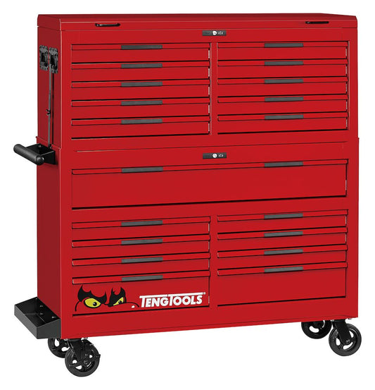 Red tool chest with multiple drawers and TengTools branding on a white background, teng tools, tool kit filled with tools amazing price devon kingsteignton, near me, tools near me