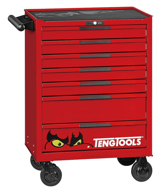 The TengTools 26" PRO35™ tool kit TKW26R516T in matte red is designed for professionals in various industrial applications. The tools in this 516-piece tool kit are organized in a TSW26R7 roller cabinet that measures 680 mm in width, 460 mm in depth, and 960 mm in height with castors mounted, making it suitable for a variety of industrial environments. It features seven fully extendable drawers: five drawers with a height of 75 mm and two taller drawers at 154 mm, each with a load capacity of up to 40 kg. 