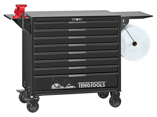 Teng tools The TengTools 37" PRO35™ roller cabinet TKW37B1008T in black is an extensively equipped 1008-piece tool kit, specifically tailored for professionals in the mechanical auto sector. This comprehensive kit is housed in a robust 37" roller cabinet, which measures 964 mm in width, 460 mm in depth, and 985 mm in height with castors mounted. The roller cabinet is built for durability and features eight fully extendable drawers: seven with a height of 75 mm and one taller drawer at 154 mm