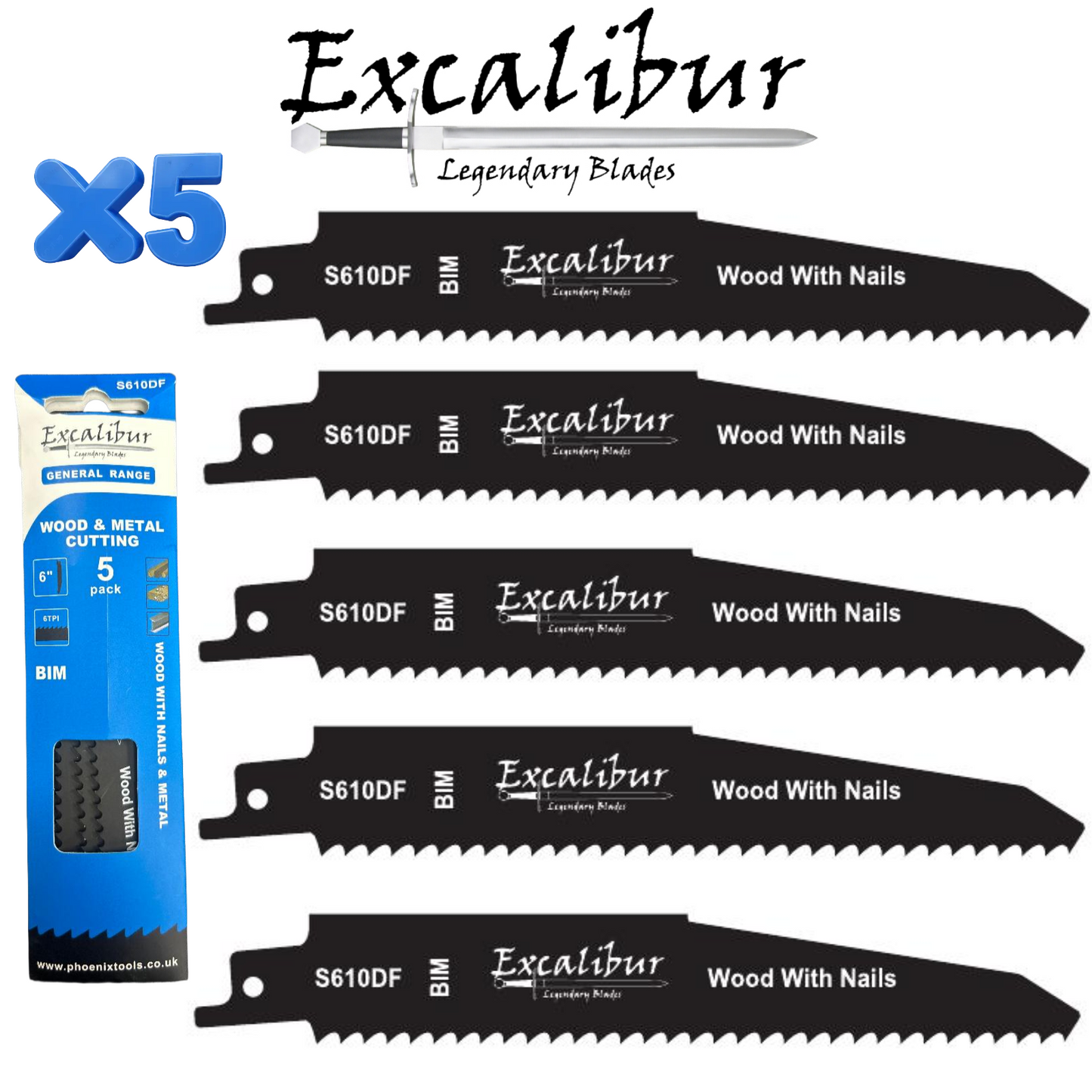 S610DF Demolition Recip Blades 150mm Wood With Embedded Nails Excalibur Pack 5