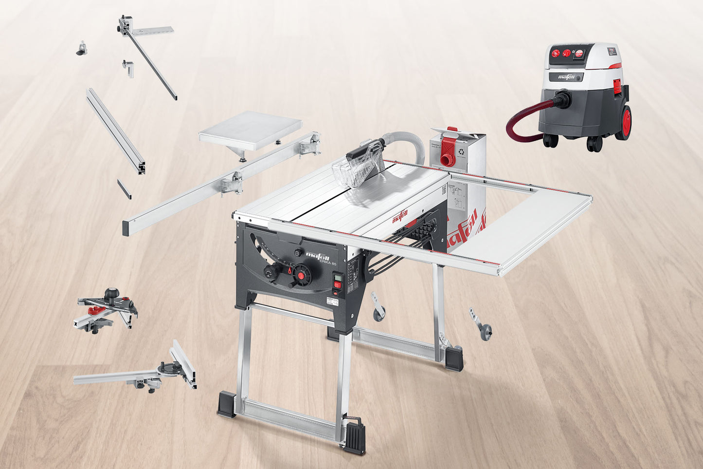 Erika 85Ec pull-push saw c/w sliding table, fence guide extension, extension table, 2 x 1000mm support rail & clean box starter pack