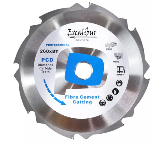 a PCD blade that says fibre cement cutting in blue writing, Excalibur legendary blades, phoenix tools