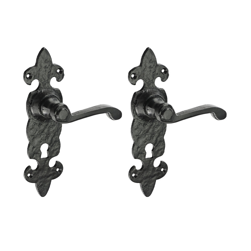 Fleur De Lys Ornate Lever Lock Handles - Antique Black