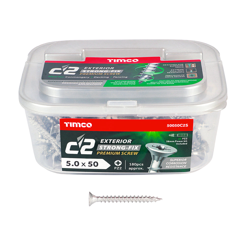 C2 Exterior Strong-Fix Multi-Purpose Premium Screws - PZ - Double Countersunk - Silver, 5.0 x 50