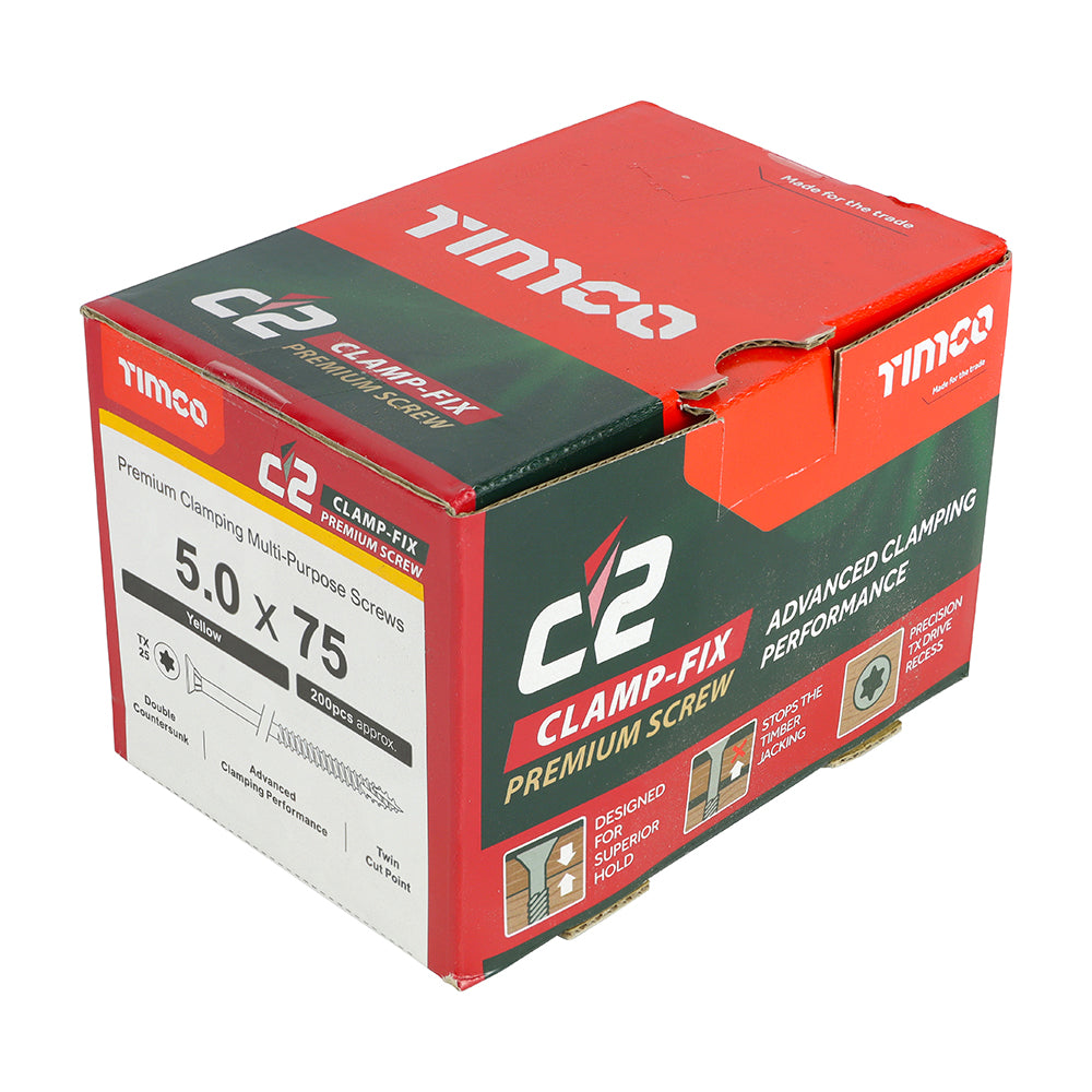 C2 Clamp-Fix Multi-Purpose Premium Screws - TX - Double Countersunk - Yellow, 5.0 x 75