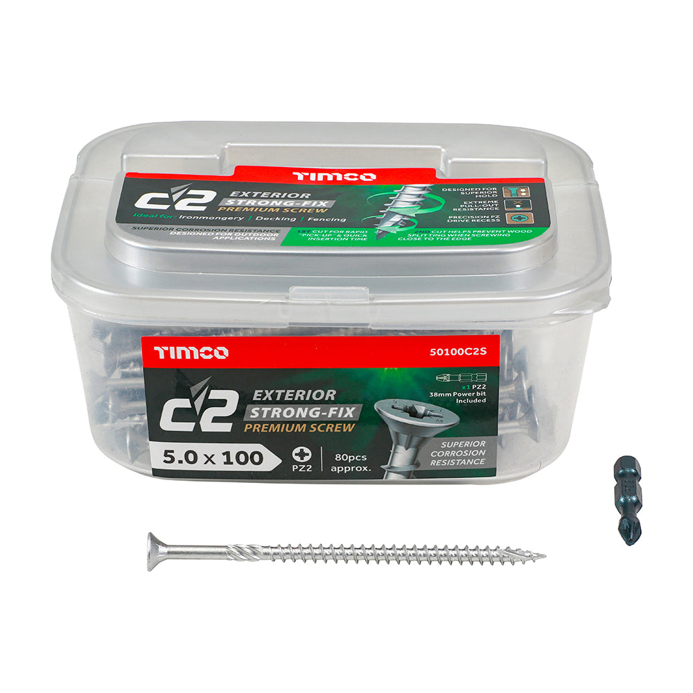 C2 Exterior Strong-Fix Multi-Purpose Premium Screws - PZ - Double Countersunk - Silver, 5.0 x 100