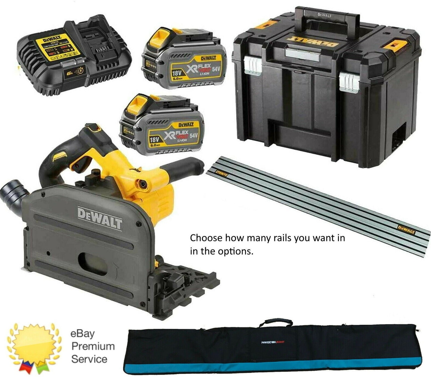 DeWalt DCS520T2R 54V XR FLEXVOLT 2 x 6.0Ah Plunge Saw Kit + Guide Rail Options