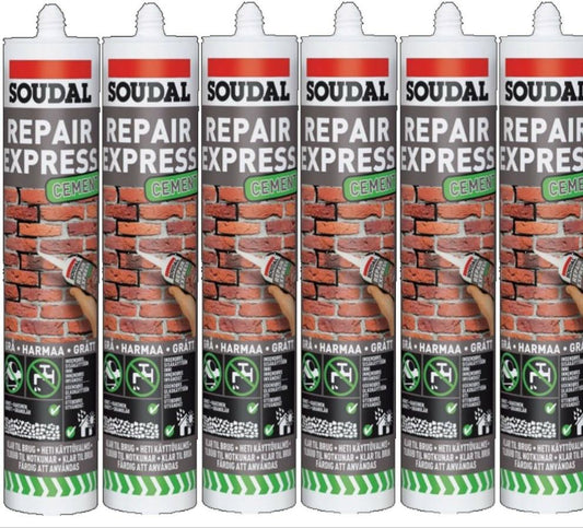 6 x Soudal Express Premium Ready Mix Cement Repair Cartridge 300ml Tube Grey