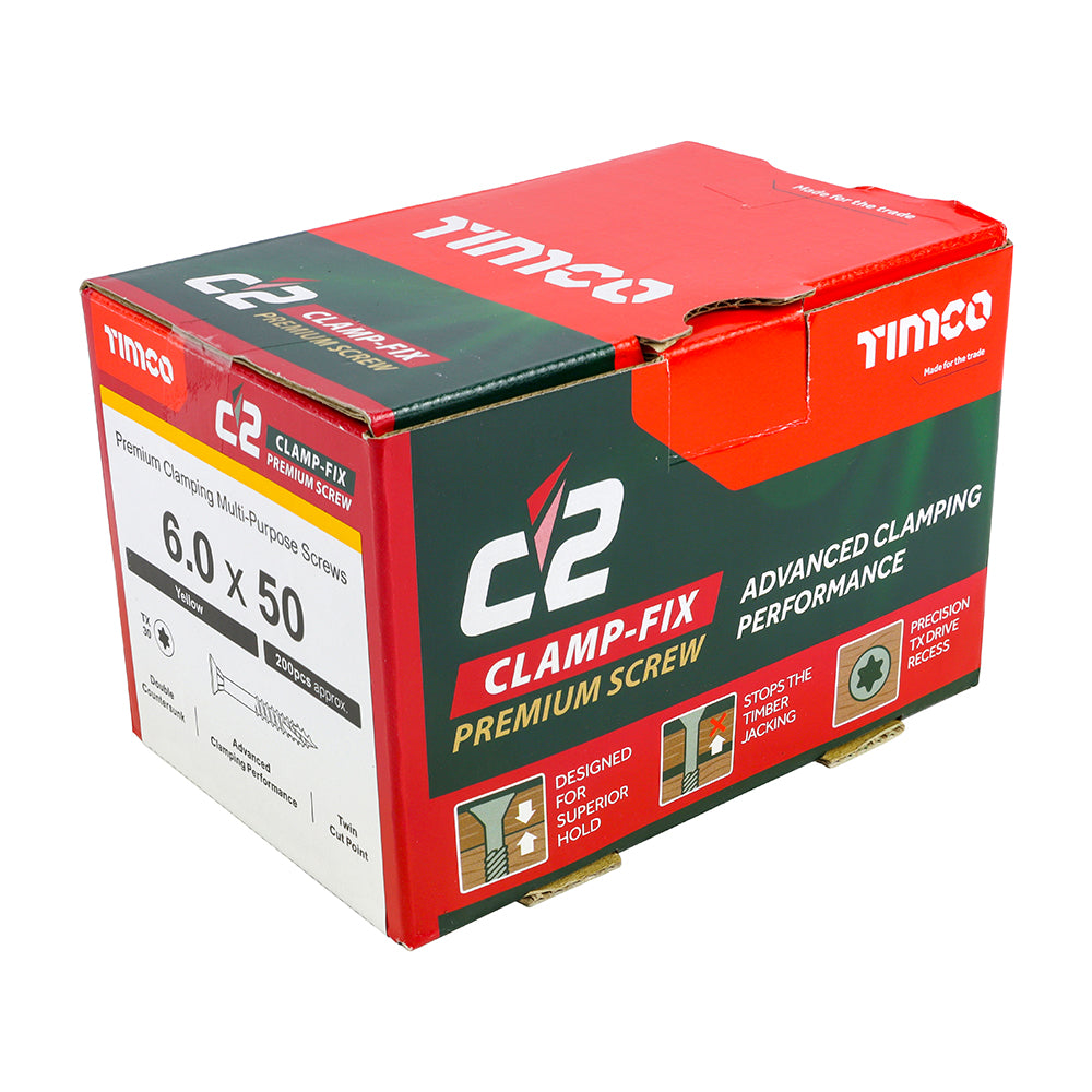 C2 Clamp-Fix Multi-Purpose Premium Screws - TX - Double Countersunk - Yellow, 6.0 x 50