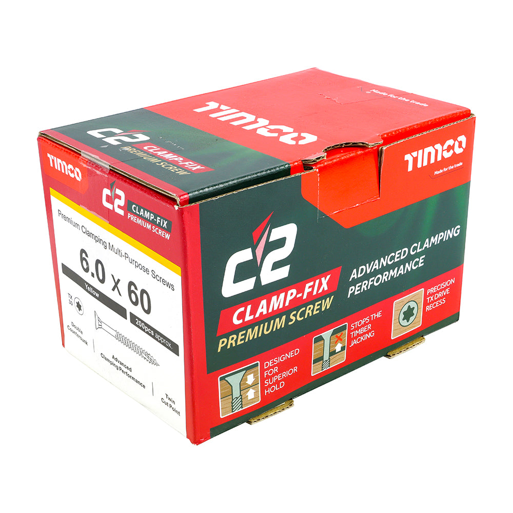 C2 Clamp-Fix Multi-Purpose Premium Screws - TX - Double Countersunk - Yellow, 6.0 x 60