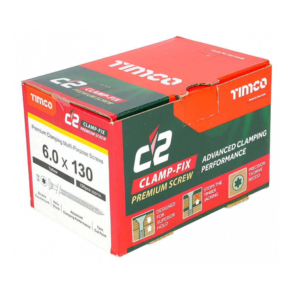 C2 Clamp-Fix Multi-Purpose Premium Screws - TX - Double Countersunk - Yellow, 6.0 x 130