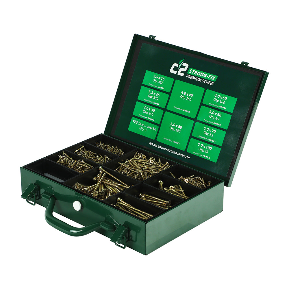 C2 Strong-Fix Premium Multi-Purpose Screws - Assorted Trade Case - PZ -Double Countersunk - Yellow, 1,798pcs