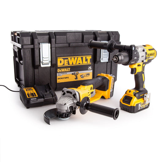 Dewalt DCK278P2 18V Combi Drill & Angle Grinder (2 x 5.0Ah Batteries)