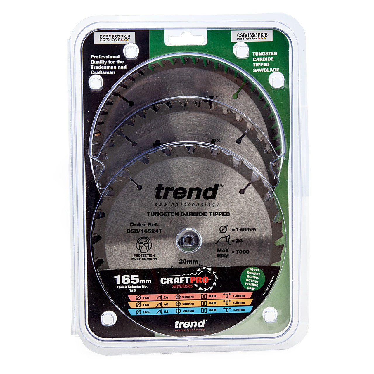 Trend CSB/165 CraftPro Saw Blades 165mm x 20mm x 24T, 40T & 52T (Pack of 3)