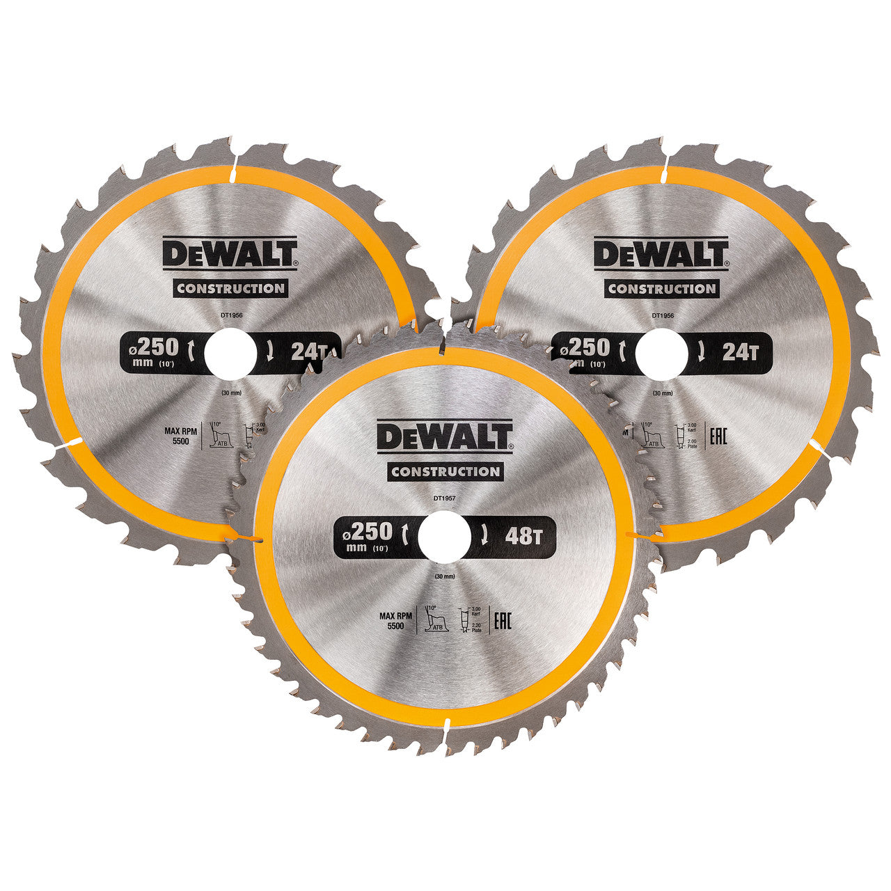 Dewalt DT1963 Construction Circular Saw Blade Triple Pack 250 x 30mm x 24T & 40T (3 Pack)