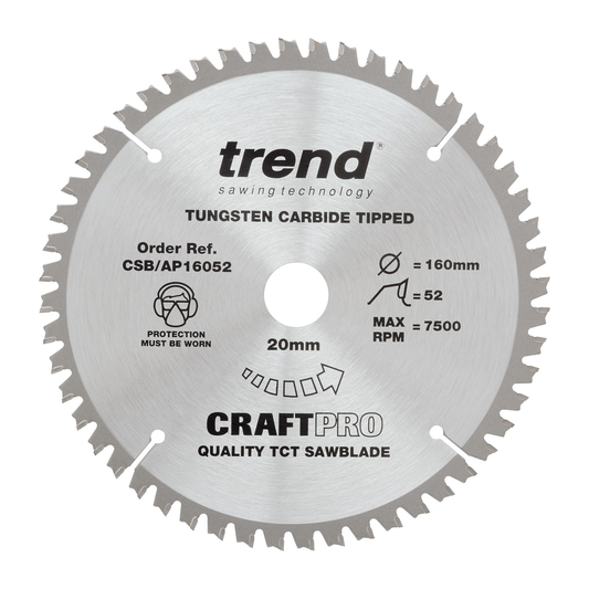 Trend CSB/AP16052 CraftPro Saw Blade for Aluminium & Plastic 160 x 20mm x 52T