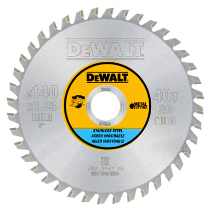 Dewalt DT1918 Stainless Steel Cutting Circular Saw Blade 140 x 20mm x 40T