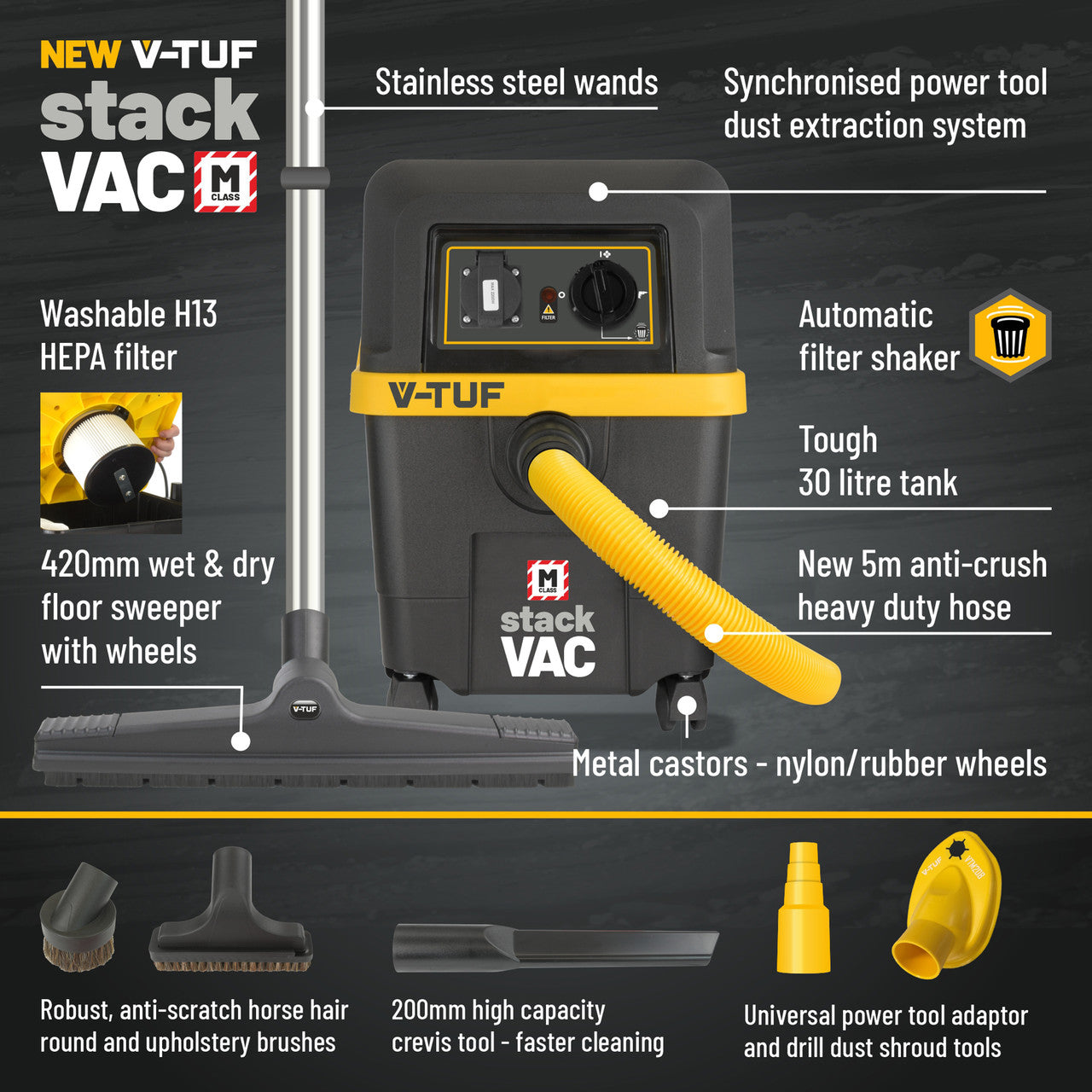 V-TUF STACKVAC Syncro M Class Wet & Dry Dust Extractor 30L (240V) - New Health & Safety Version