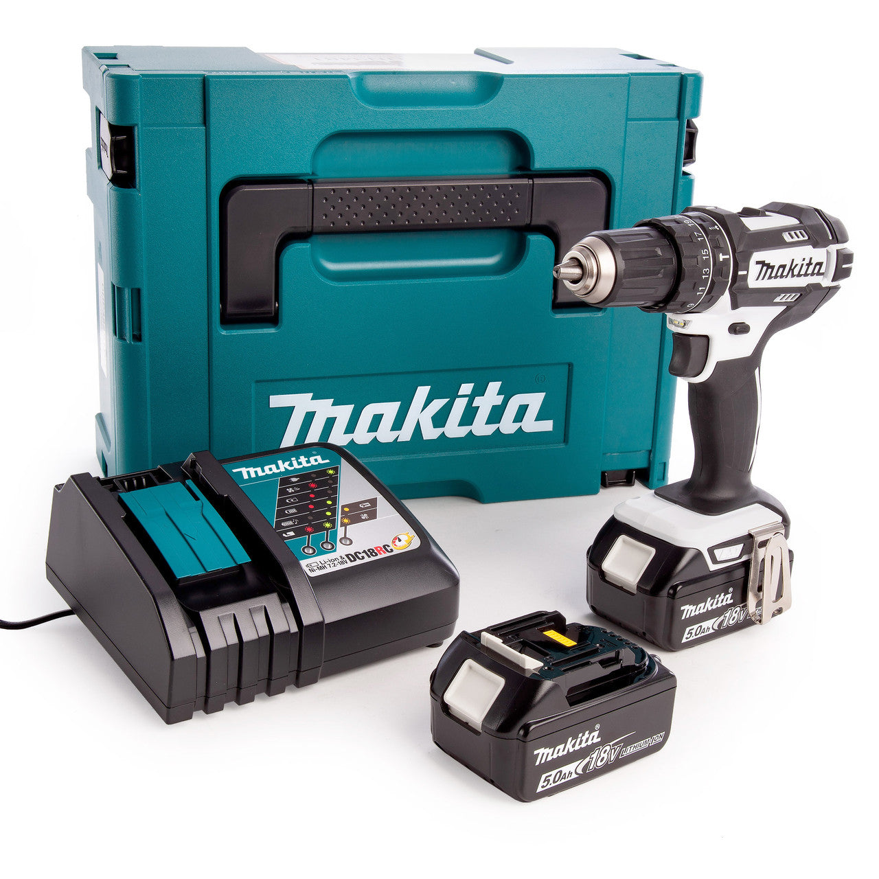 Makita DHP482RTWJ 18V LXT White Combi Drill (2 x 5.0Ah Batteries) in MakPac Case