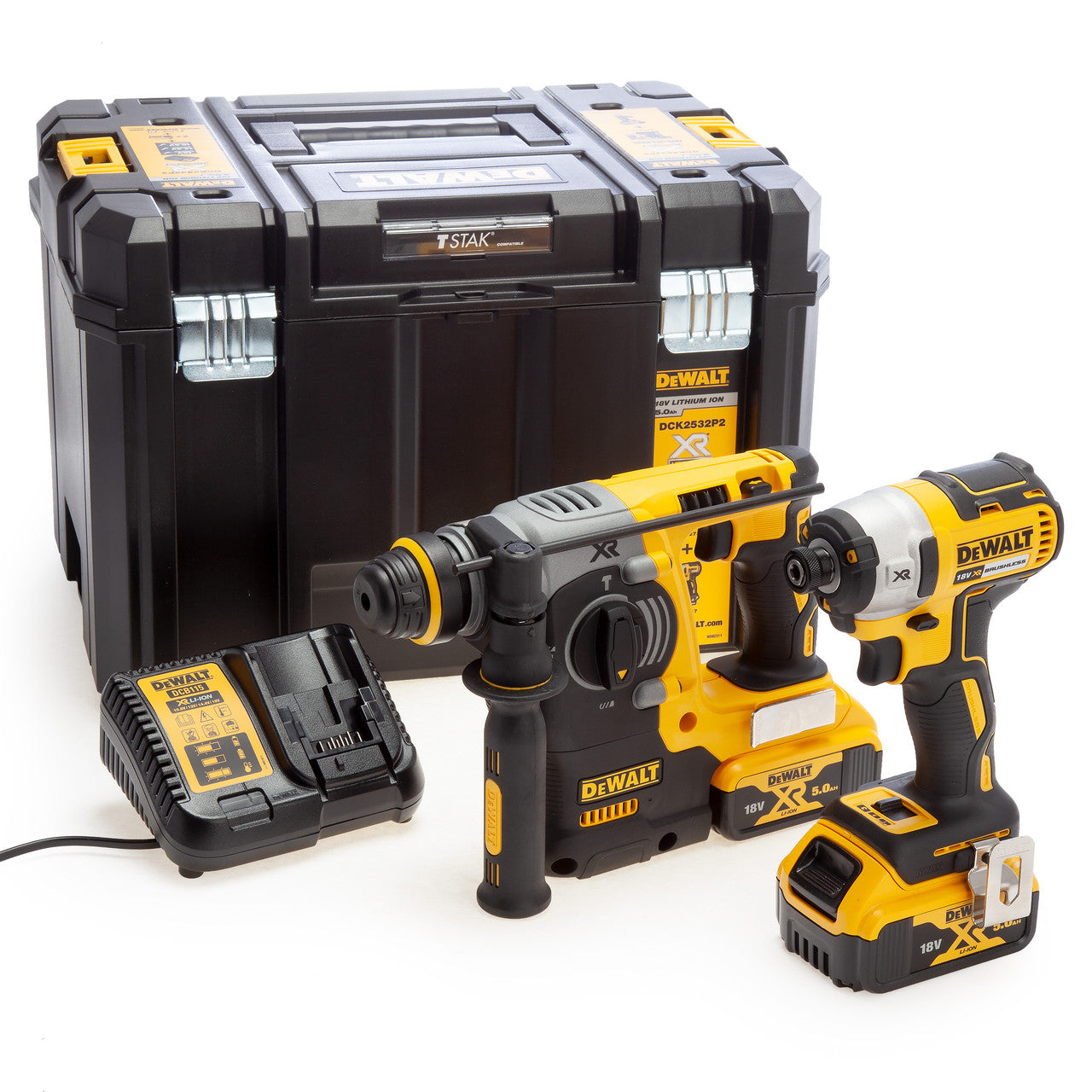 Dewalt DCK2532P2 18V XR SDS Plus Hammer & Impact Driver Twin Pack (2 x 5.0Ah Batteries) in TSTAK Box