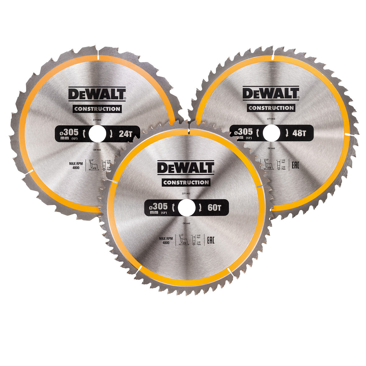 Dewalt DT1964 Construction Circular Saw Blade Triple Pack 305 x 30mm x 24T, 48T & 60T (3 Pack)