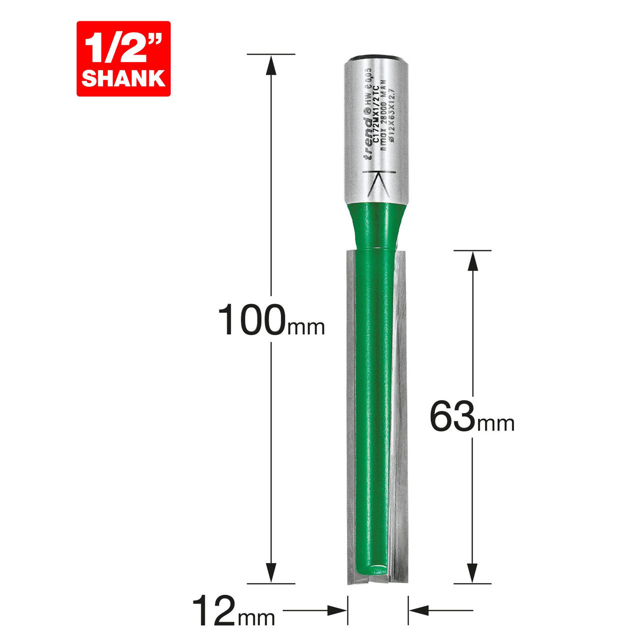 Trend C172MX1/2TC CraftPro TCT Two Flute Straight Router Cutter 12mm x 1/2" Shank