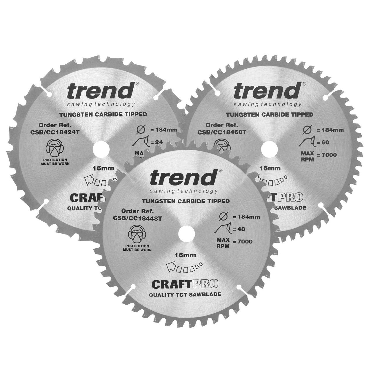 Trend CSB/CC184/3PK CraftPro Saw Blade Mixed Triple Pack 184mm - 24, 48 & 60T